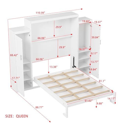 Ball & Cast Queen Size Murphy Bed with Two Wardrobe and Storage Shelf, Wall Bed Frame Folding into Cabinet Design,Multifunctional Foldable Platform Bed for Small Space,Bedroom,Guest Room, White