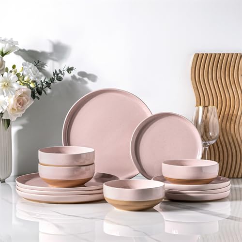 AmorArc Ceramic Dinnerware Sets for 6, 18 Pieces Handpainted Plates and Bowls Set with Rustic Terracotta Underside, Scratch Resistant Stoneware Dishes Set, Dishwasher & Microwave Safe,Light Beige