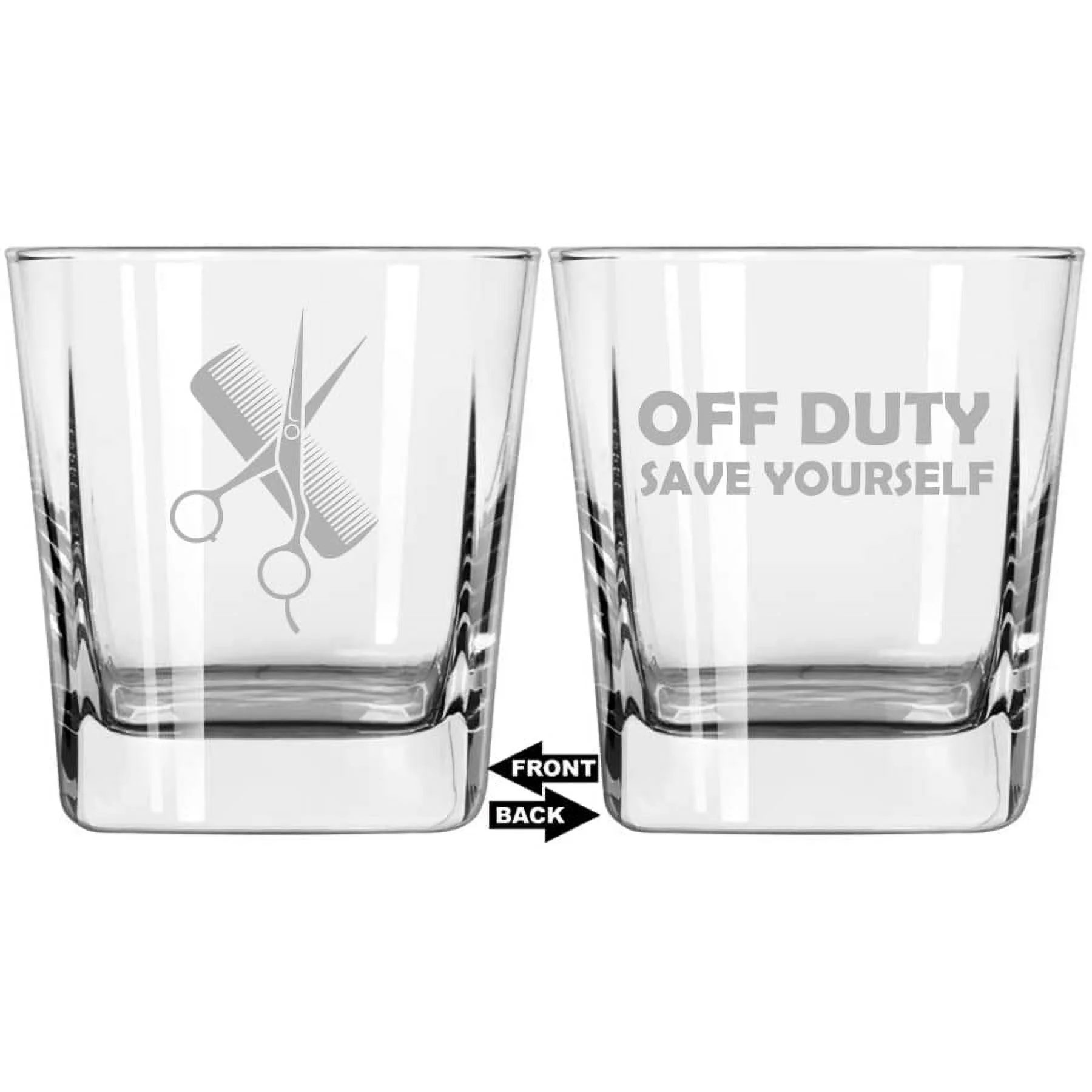 12 oz Square Base Rocks Whiskey Double Old Fashioned Glass Two Sided Hair Cutting Dresser Scissors Comb Hair Stylist Off Duty Save Yourself