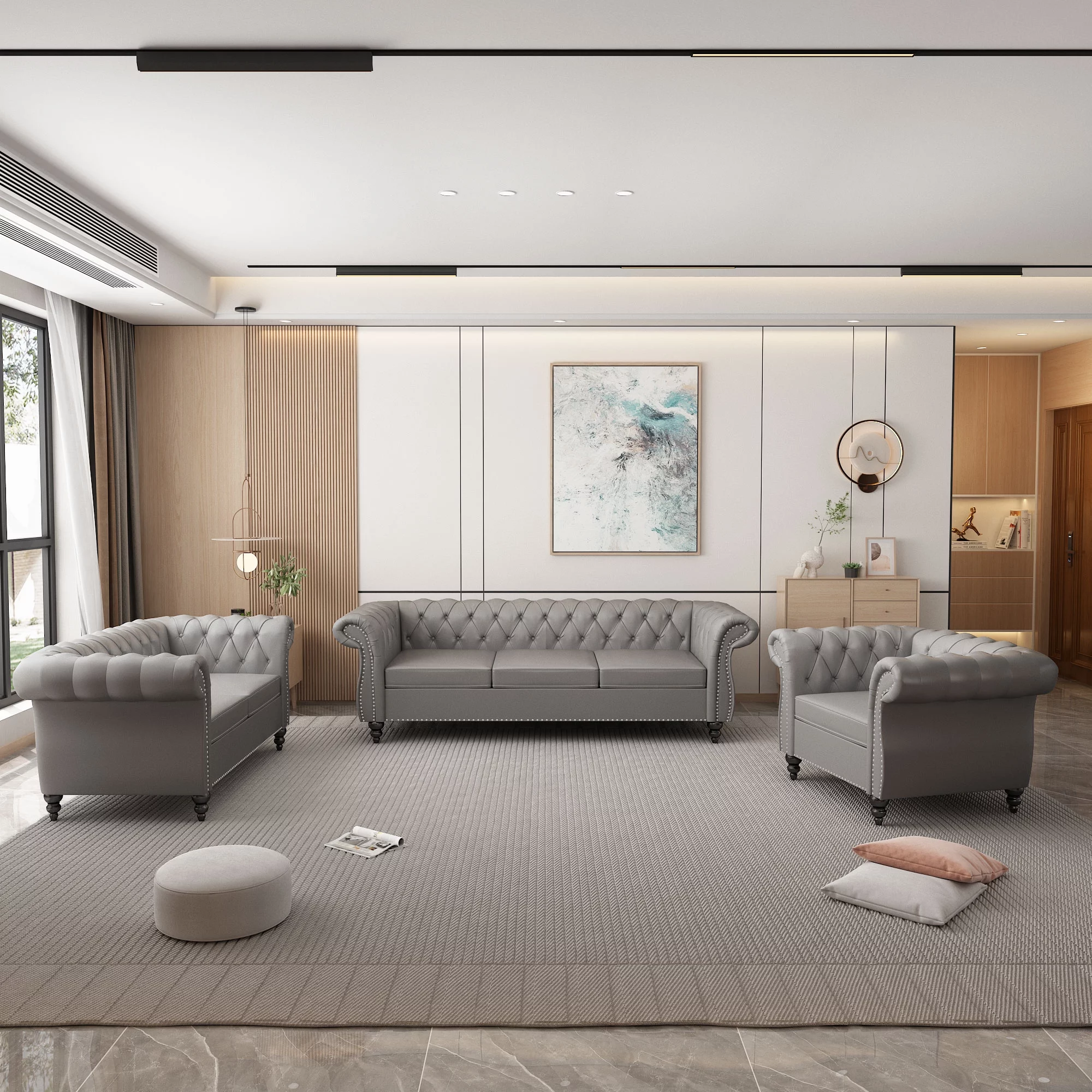 Yocwo Faux leather Couches Set for Living Room,3 Piece Sofa with Including Three Seat Sofa, Loveseat and Single Chair for Apartment Furniture Set (Gray)