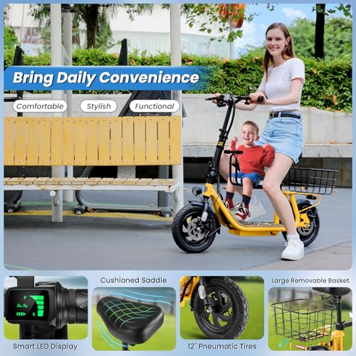 Caroma Peak 500W/800W/1200W Electric Scooter with Seat, 30 Miles Max Range Electric Scooter Adults&Teens, 48V Large Battery, 20MPH Top Speed Foldable Ebike, Adjustable E-Bike with Basket&Kid Seat