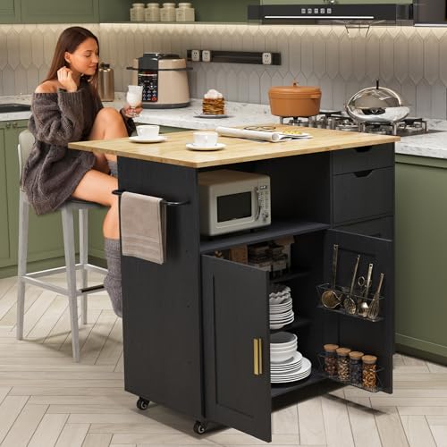 Rolling Mobile Kitchen Island Cart Bar with Drawer and Desktop Drop Leaf Countertop, Island Table Storage with 5 Wheels, Rolling Kitchen Cabinet with Power Socket (White, with Countertop)