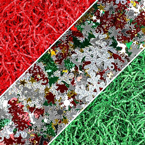 LOMIMOS 1LB Christmas Crinkle Cut Paper Shred Filler,Red Green Christmas Raffia Paper with Xmas Confetti Sprinkle for Gift Wrapping Craft Basket Stuffer Box Filler Party Decoration