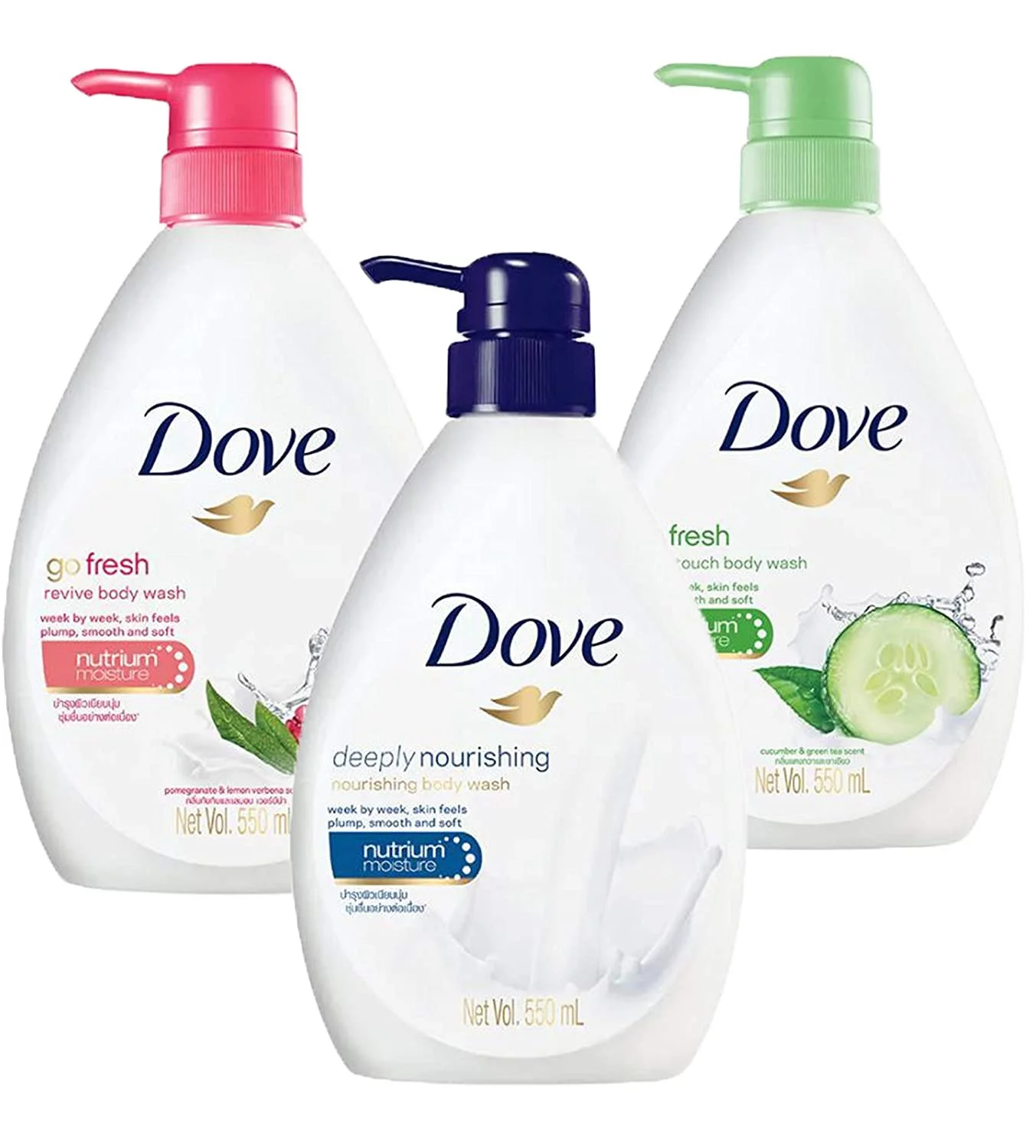 Dove Body Wash Variety Pack, Deeply Nourishing, Pomegranate & Lemon Verbena and Cucumber & Green Tea Pump Bottles, 18.5 Ounces Pack of 3