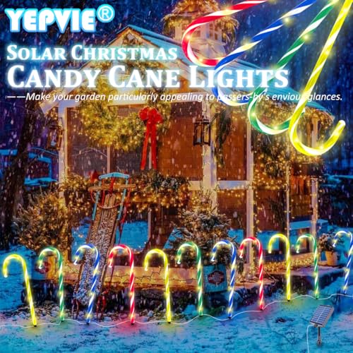 Solar Candy Cane Lights, 12PCS Waterproof Candy Cane Christmas Outdoor Lights with 72LED, 8 Modes 1200mAh Solar Powered Outdoor Decorations Led Light for Christmas Pathway, Yard, Patio, Garden