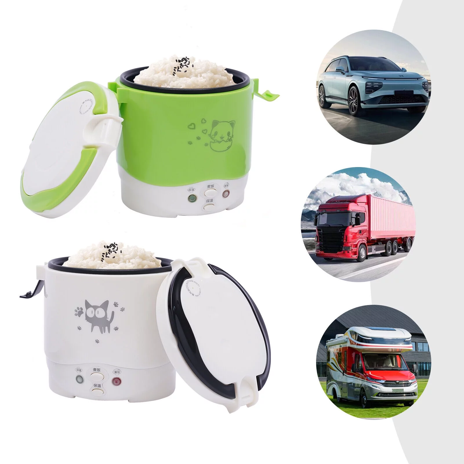 1L Car Mini Travel Lunch Box Electric Rice Cooker Steamer White/Green 12V