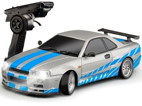LD1899 1/18 RC Drift Car GTR R34 2.4GHz RWD with Gyroscope on-Road Alloy Body Shell Racing Cars Radio Control (Blue)