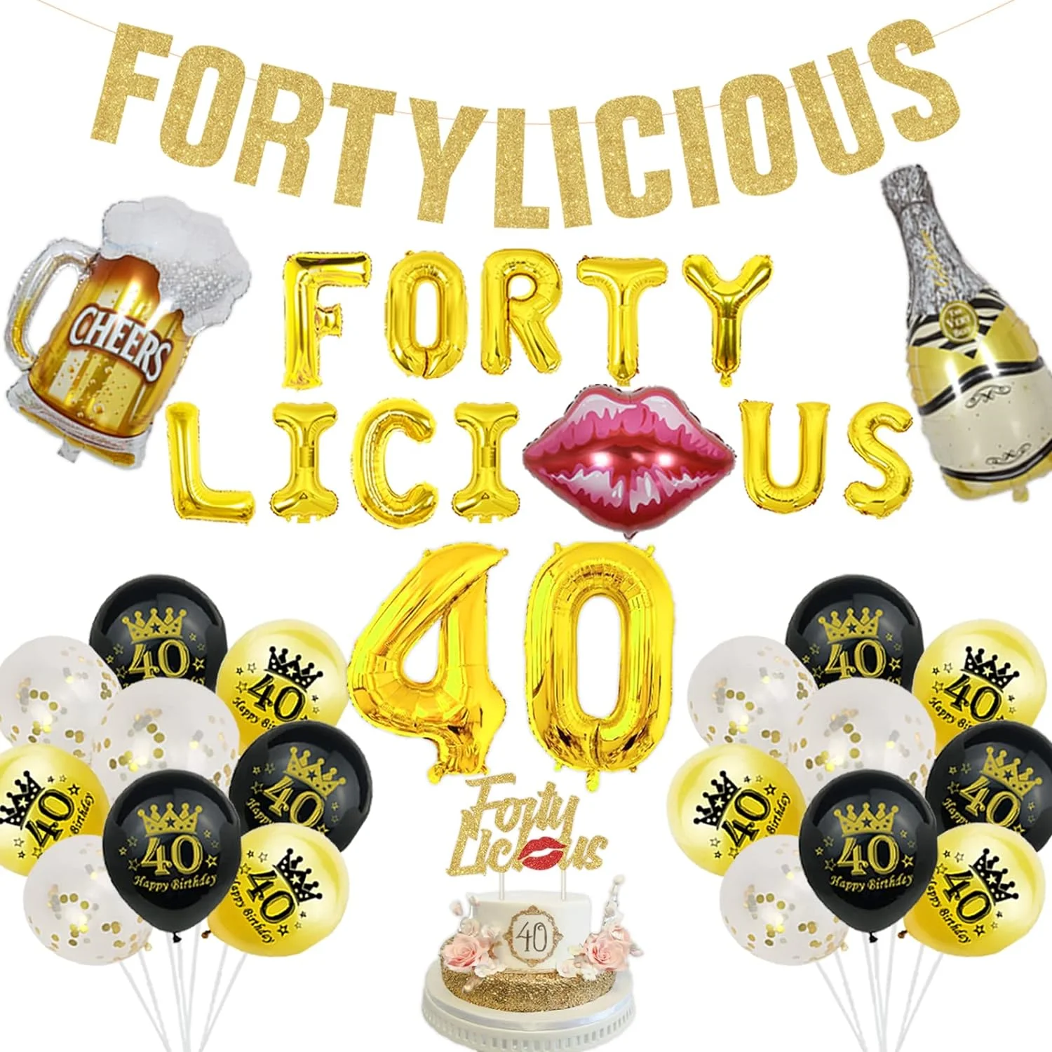 BAUBLISS 50th Birthday Decorations for Women Gold - Fiftylicious Birthday Decorations Glitter Banner Cake Topper Happy 50th Balloon, Wine Bottle Red Lip CheersBeer 50 Foil Balloon for Fifty Party.