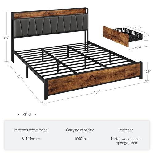 GarveeHome Full Size Bed Frame with Storage Linen Upholstered Headboard, 4 Drawers Platform Bed Frame with Charging Station, No Box Spring Needed, Easy Assembly, Rustic Brown