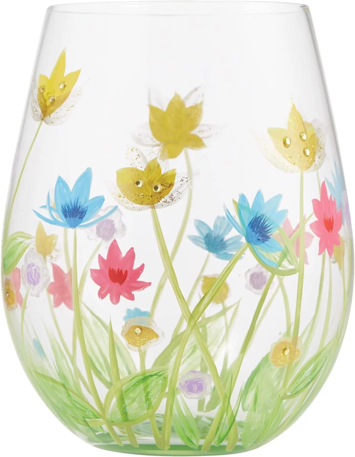 Designs By Field Of Dreams Floral Hand-Painted Artisan Stemless Wine Glass, 20 Ounce, Multicolor