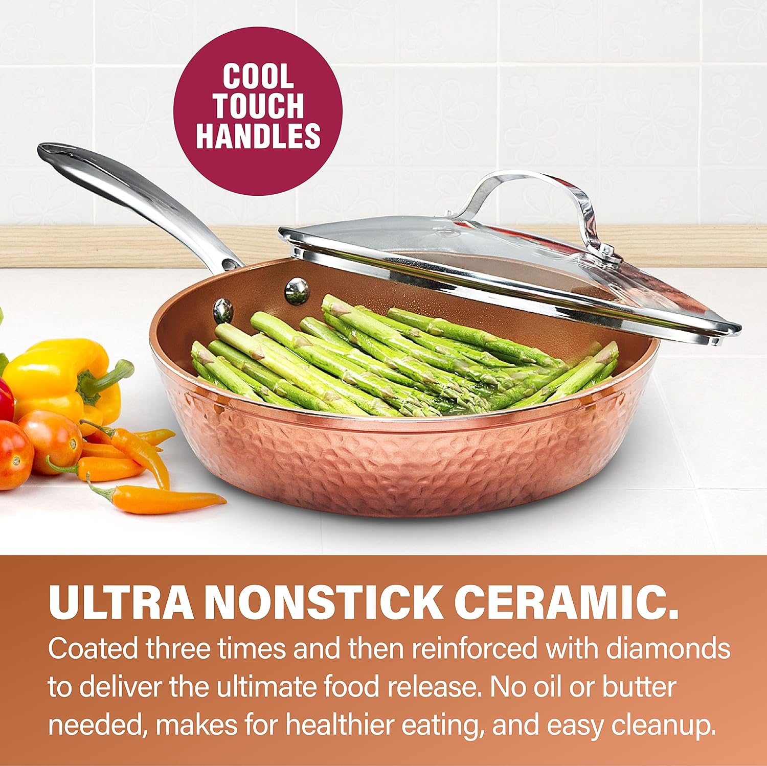 Gotham Steel 12” Nonstick Fry Pan & Oven Safe & Hammered Copper Collection – Mini 5.5” Egg Pan, Premier Nonstick Aluminum Cookware with Rubber Grip Handle, Dishwasher & Oven Safe up to 500° F