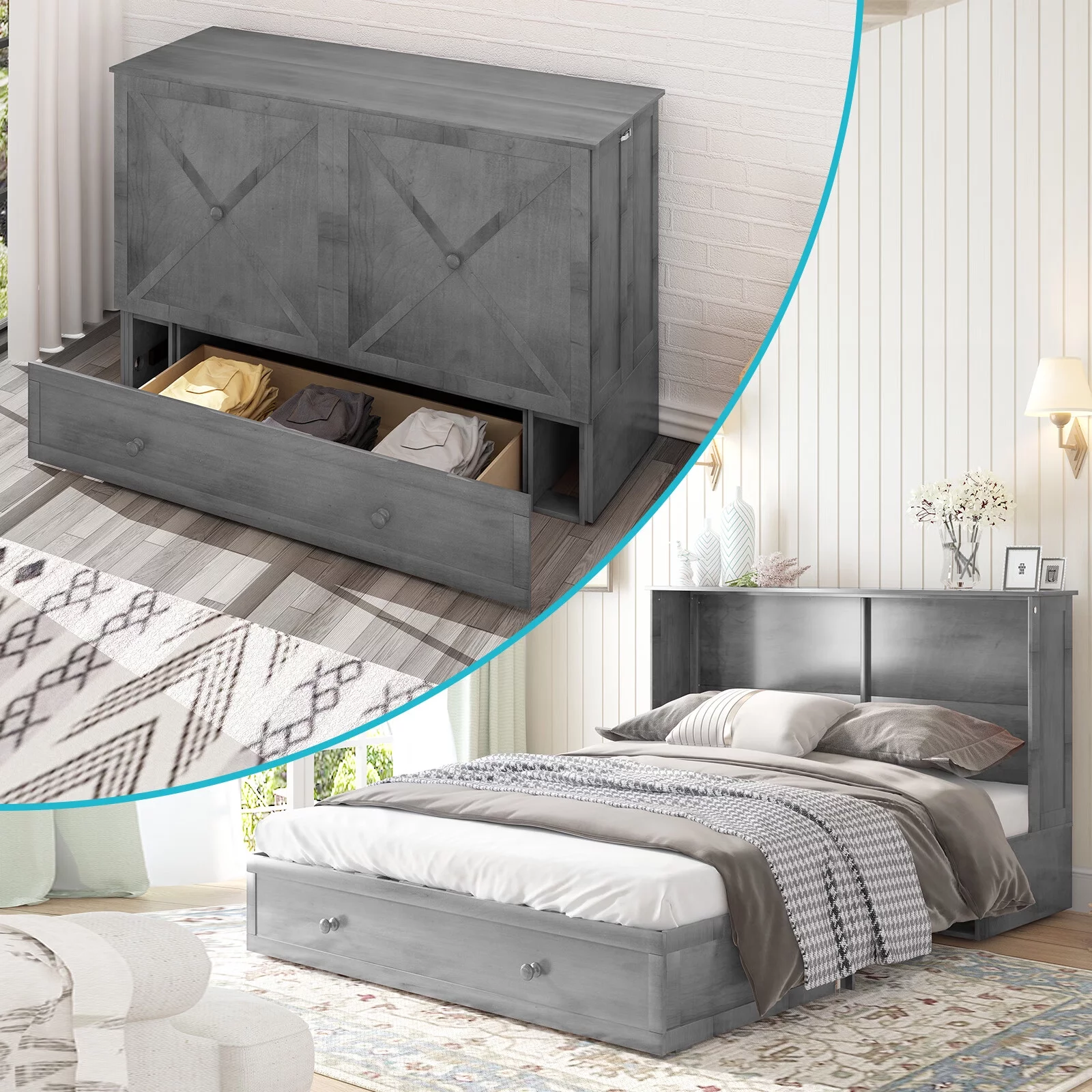 CECER Murphy Bed Chest, Cabinet Bed with Trifold Foam Mattress, Queen Murphy Cube Cabinet Bed with USB Charging Station and Large Storage Drawers for Bedroom/Office-Grey