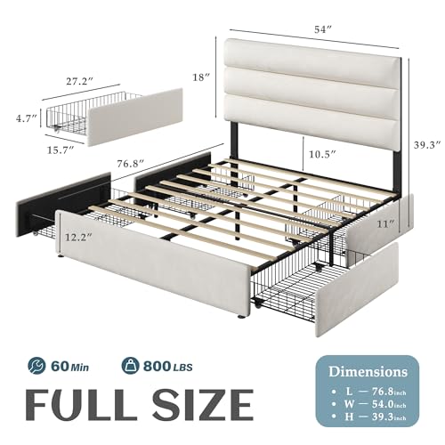 Lifezone Queen Bed Frame with Storage Drawers, Queen Size Platform Bed Frame with Velvet Upholstered Headboard, Metal Support, No Box Spring Needed, Noise-Free, Easy Assembly, Bedroom Furniture, Beige