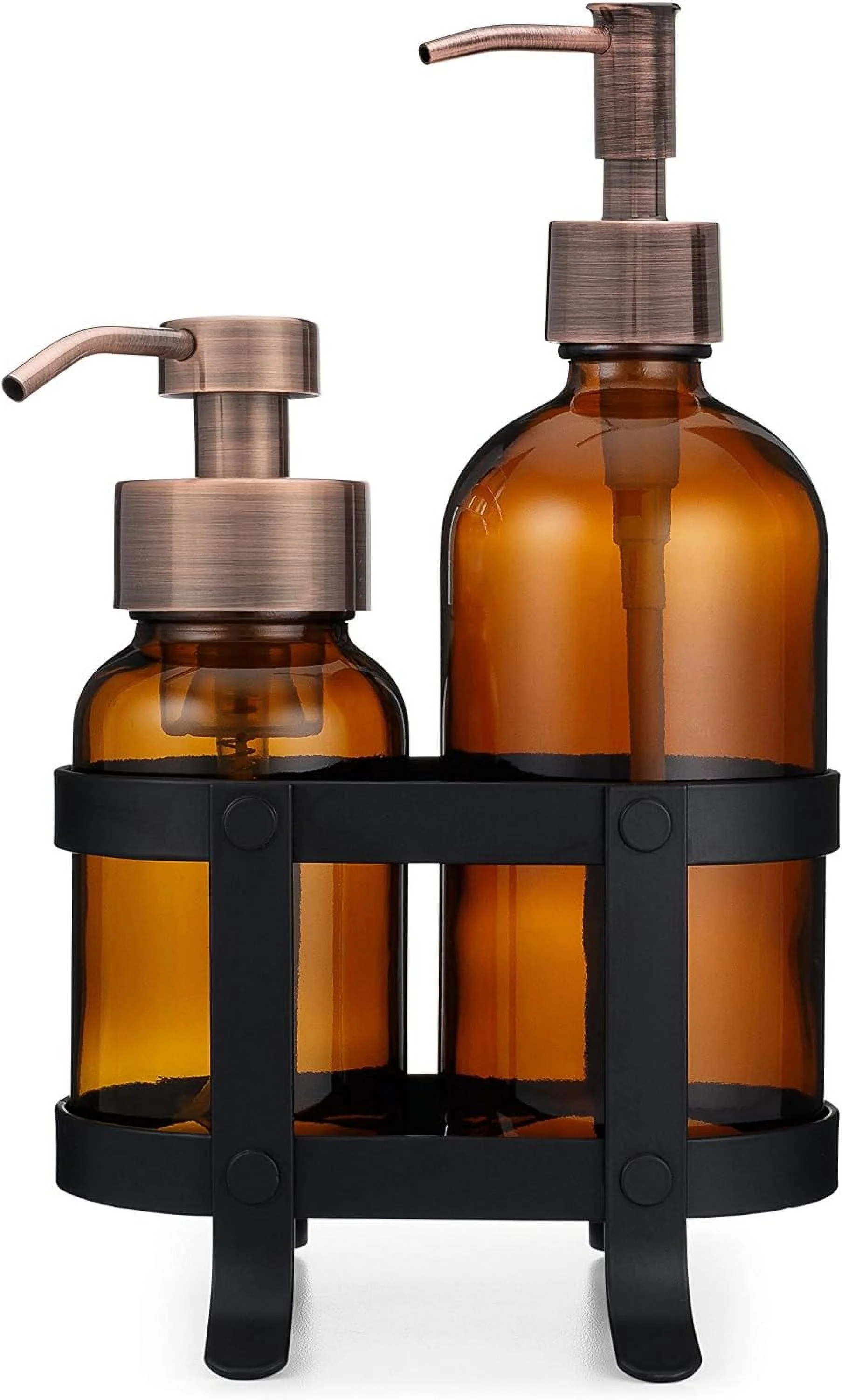 Foaming + Non-Foaming Amber Glass Soap Dispenser Set With Caddy Stand, 8.5Oz/16Oz (Copper)