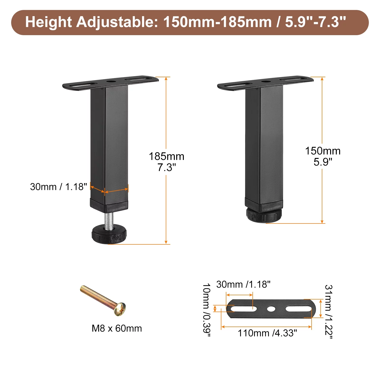 4 Set Adjustable Height Bed Frame Center Support Leg 5.9 to 8.9 inch, Metal Bed Frame Support Leg Replacement Parts