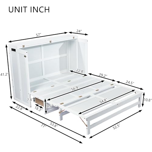 KEIKI Full Size Cabinet Murphy Bed with Charging Station and Drawers, Multiple Storage Foldable Hideaway Wall Murphy Bed Frame with Solid Slats, No Box Spring Needed, Easy Assembly, for Bedroom, White