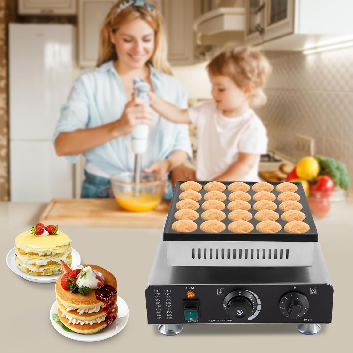 Mini Dutch Pancake Maker 25PCS, Commercial Non-stick Pancake Baker Machine 50-300℃ Electric Muffin Maker Stainless Steel for Home Kitchen, Cafe or Restaurant, 110V