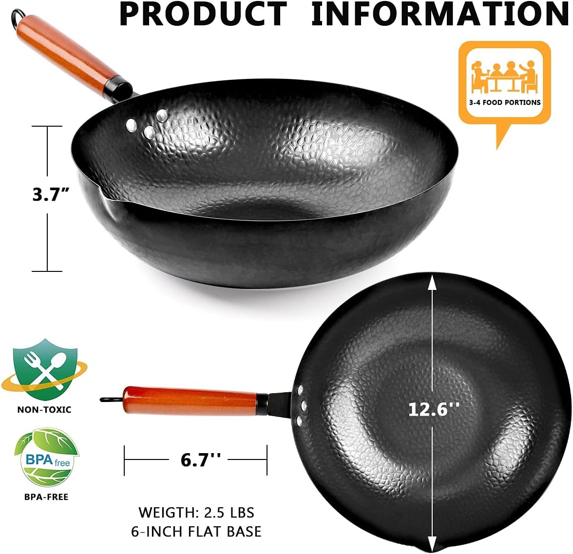 kaqinu Carbon Steel Wok Pan, 14 Piece Woks & Stir-Fry Pans Set with Wooden Lid Cookwares, No Chemical Coated Flat Bottom Chinese Pan for Induction, Electric, Gas, Halogen All Stoves - 12.6''
