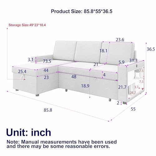86 INCH Reversible Sleeper Sectional Sofa with Pull Out Couch Bed , Convertible L Shaped Corner Sofa ,Chenille Upholstered Pullout Lounge Sofabed with Chaise ,Cupholders, USB Charging for Living Room
