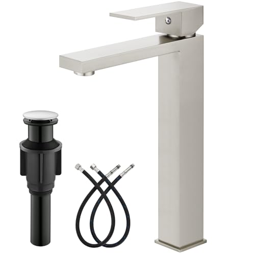 gotonovo Vessel Sink Faucet Single Handle Tall Bathroom Faucet One Hole Modern Lavatory Vanity Basin Mixer Tap Matching Supply Hoses and Pop up Drain Without Overflow, Brushed Gold