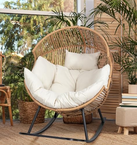 JAMFLY Egg Chair Wicker Outdoor Chairs, Oversized Patio Chair Oversized Lounger Chair with Cushion for Indoor Living Room, Bedroom, Outside Patio Backyard Balcony, Beige