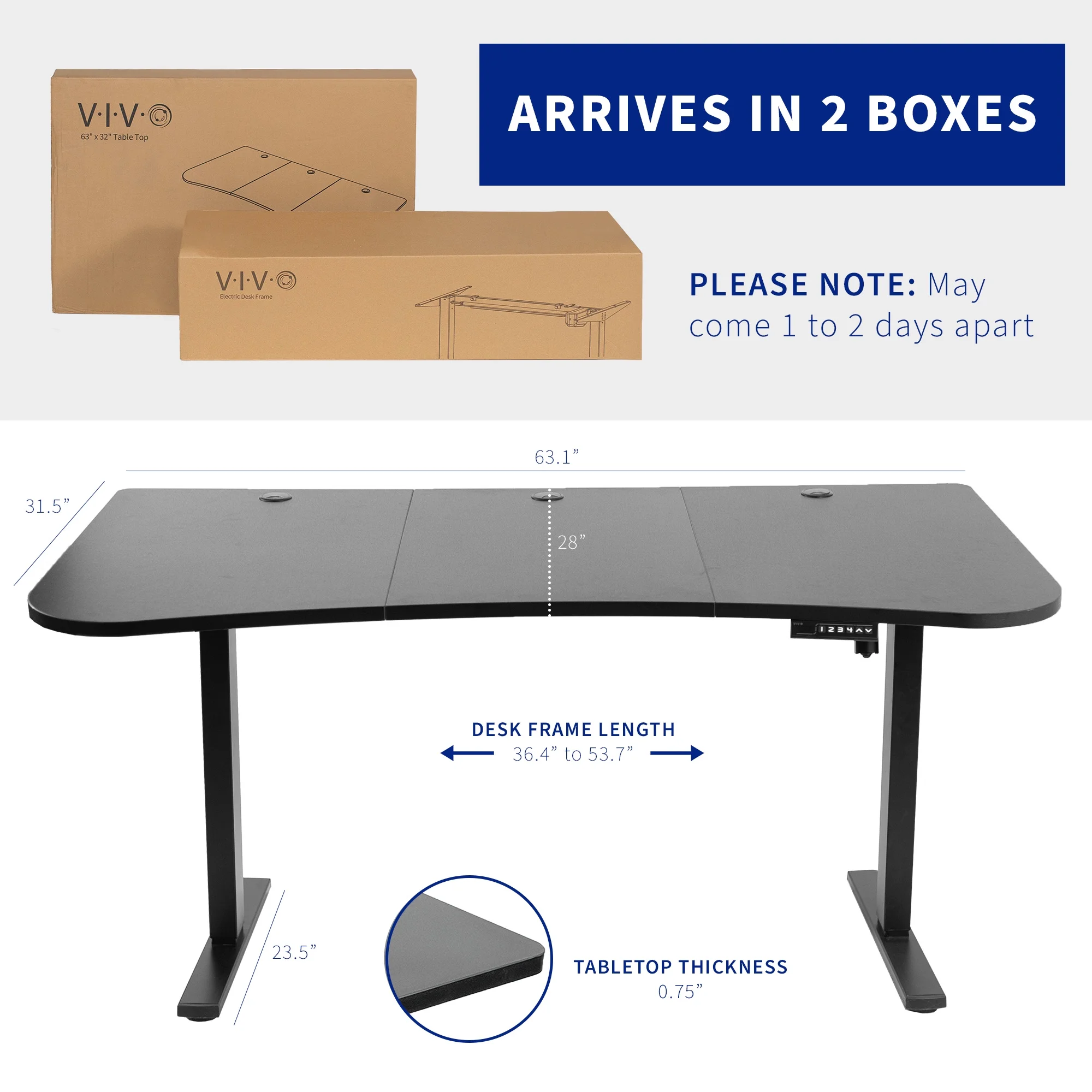 VIVO Electric 63” x 32” Stand Up Desk, Light Wood 3 Part Table Top, White Frame