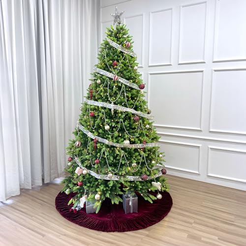 60-Inch Ruffled Velvet Christmas Tree Skirt with Foam Padding, Nylon Backing and Lace-Up Tie Closure, Burgundy