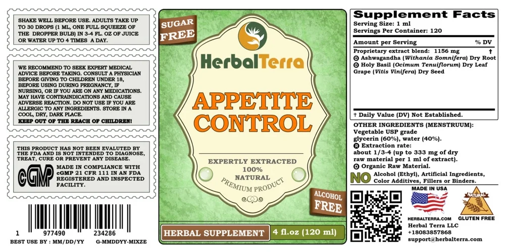 Appetite Control ALCOHOL-FREE, KETO Friendly, Absolutely Natural Expertly Extracted by Trusted HerbalTerra brand Liquid Extract. Proudly made in USA. Glycerite 4 Fl.Oz