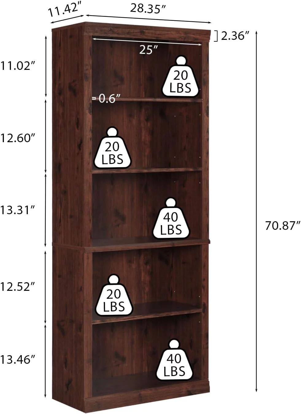 ENSTVER Wooden 5-Shelf Bookcase with Adjustable Shelves, Cherry