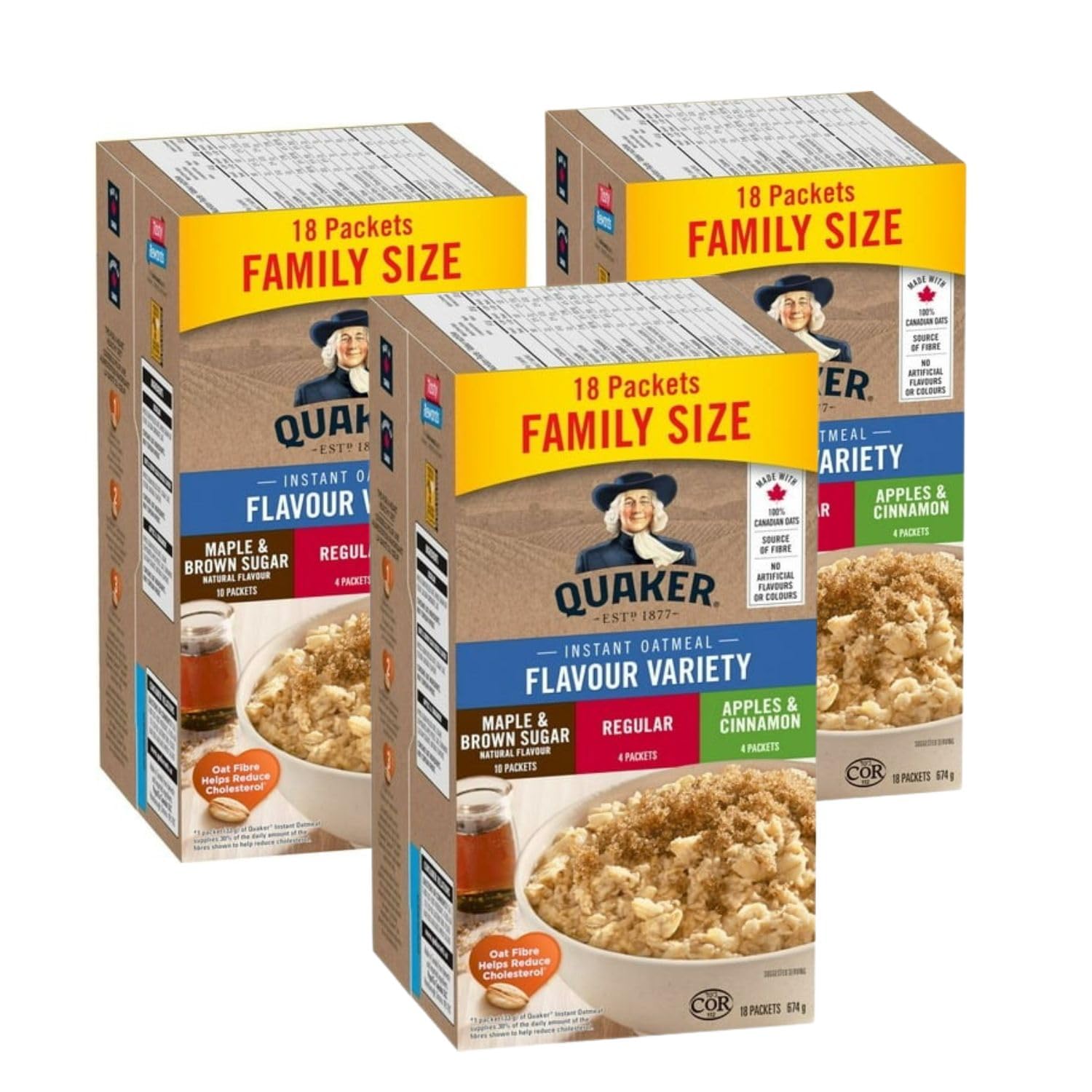 Generic Quaker Instant Oatmeal Flavour Variety, Maple & Brown Sugar, Regular, Apples & Cinnamon, 18ct, 694g/24.5 oz (Pack of 3) Shipped from Canada