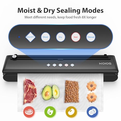 KOIOS Vacuum Sealer Machine, Automatic Food Sealer with Cutter, Dry & Moist Modes, Compact Design Powerful Suction Air Sealing System with 10 Sealing Bags & Air Suction Hose