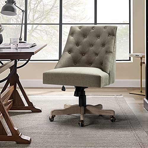 Modern Tufted Armless Home Office Chair, Comfy Upholstered Desk Chair with Vintage Wood Base, Height Adjustable Swivel Computer Task Chair for Living Room Bedroom, Beige