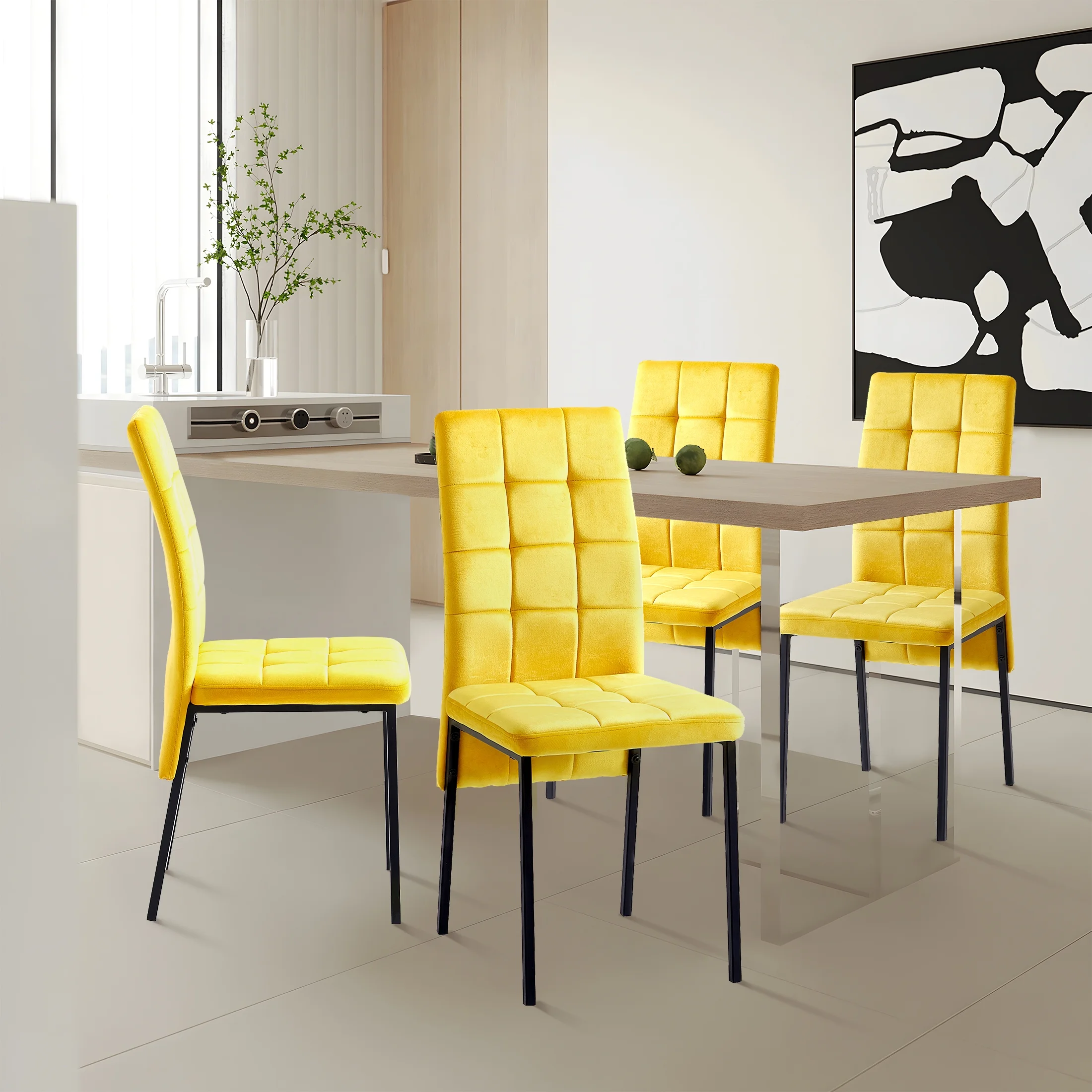 Sedona House Modern High Back Velvet Dining Chairs Set Of 4, Nordic Side Chairs with Golden Legs, Upholstered Velvet Armless Chair for Dining Room Kitchen Vanity Patio, Yellow