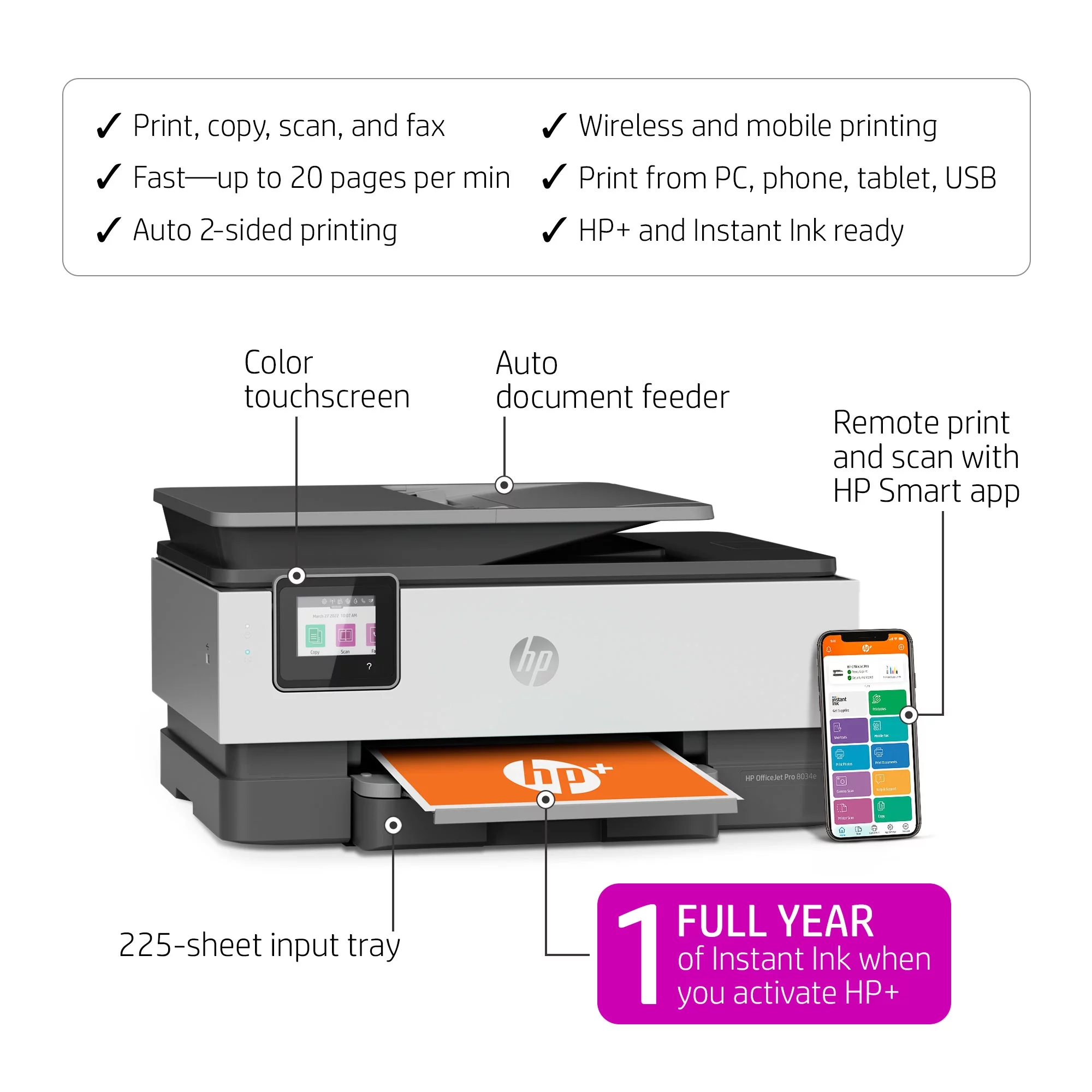 HP Officejet Pro 8034e Wireless Inkjet Multifunction Printer - Color - Copier/Fax/Printer/Scanner - 20 ppm Mono/10 ppm Color Print - 4800 x 1200 dpi Print - Automatic Duplex Print - Up to 20000 Pag...