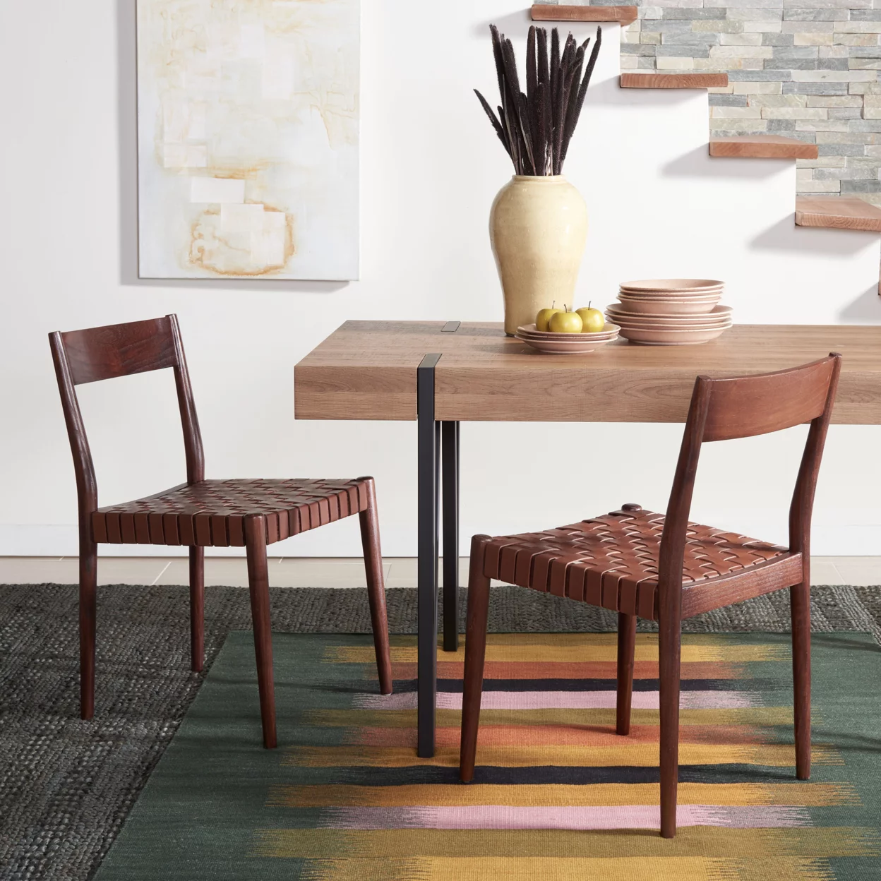 SAFAVIEH Eluned Leather Dining Chair, Cognac/Brown, Set of 2 (18.5 in. W x D x 31.5 in. H)