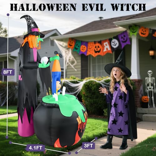 8ft Halloween Inflatables Witch Blowup Yard Decor with Built-in LED Lights Outdoor Decorations Scary Display for Holiday Party Garden Lawn Yard Porch Home Outside Indoor