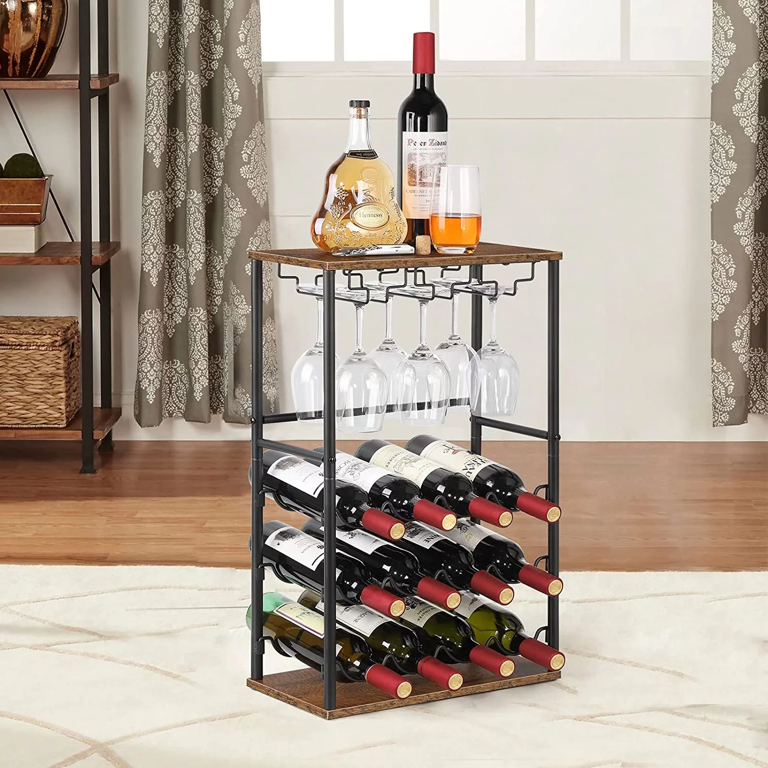 Oumilen 7.11 lb. Countertop Brown Wine Bar Rack, Holds 12 Bottles and 6 Glasses