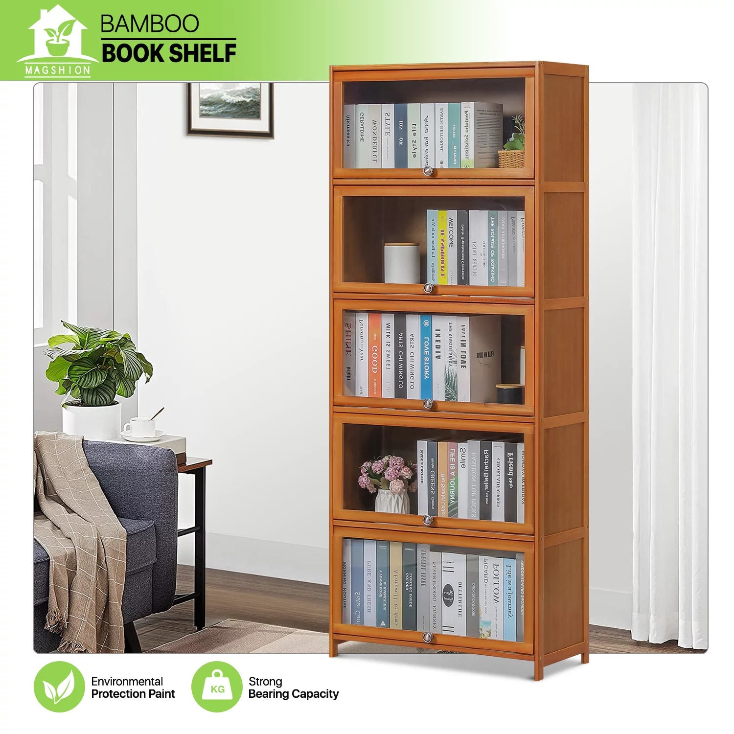 Magshion Bamboo/Acrylic 5 Shelves Bookcase with Door, Display Storage Rack, Brown, for Living Room