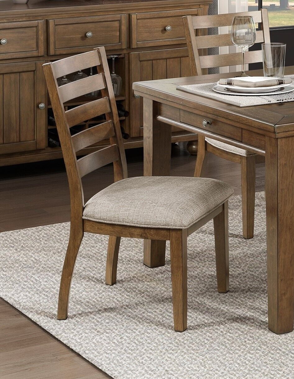 Traditional Cherry Finish 5pc Dining Table Set Wooden Chairs 6x Drawers Fabric Upholstered Seat Home Furniture