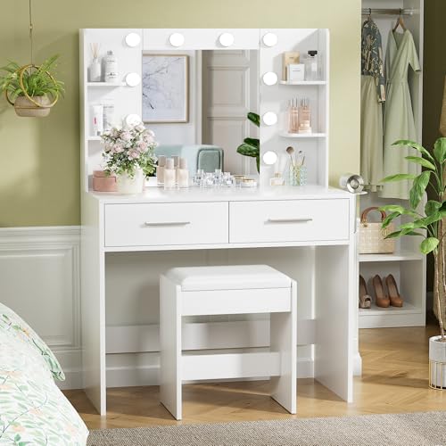 YESHOMY Vanity Desk with Mirror, Makeup Table with 2 Large Drawers, Power Outlet and Round Holder, 3 Color Modes Adjustable Bulb, Bench Included, White