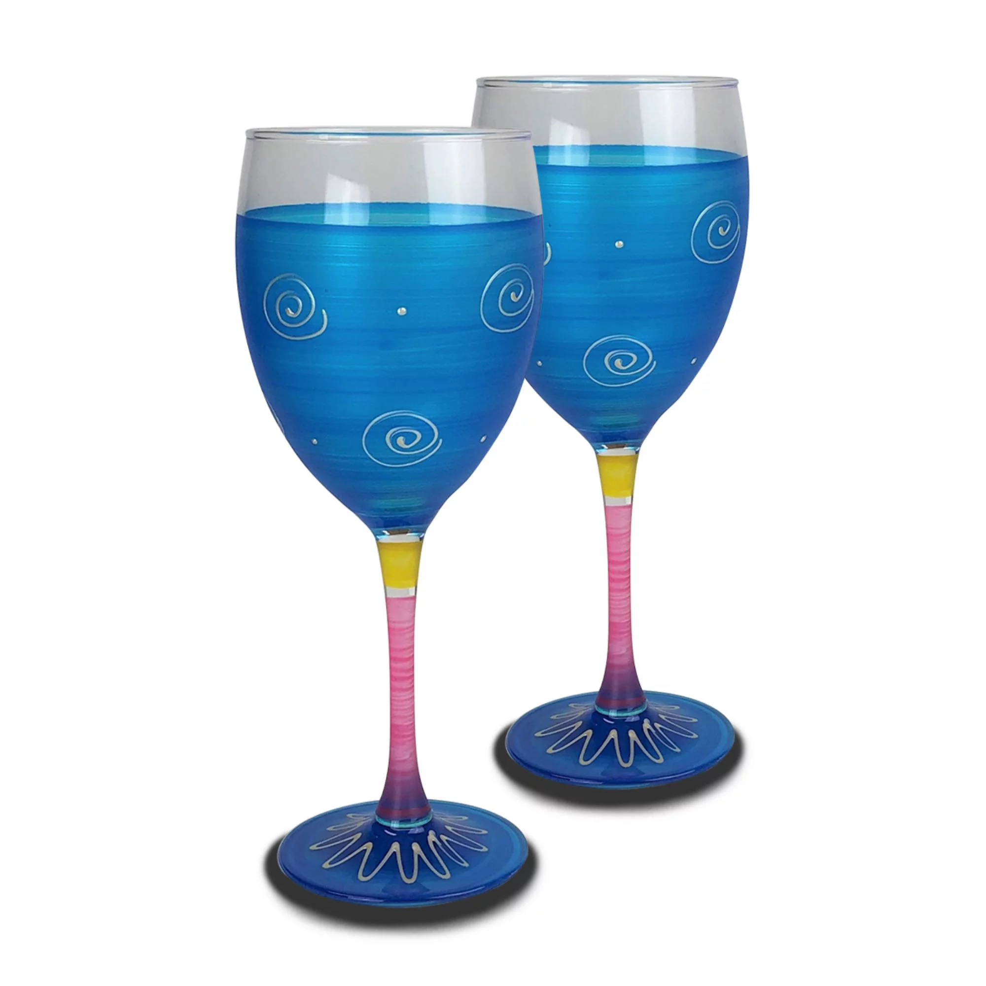 Crafted Creations Set of 2 Turquoise and Yellow Hand Painted Wine Drinking Glasses 10.5 oz.