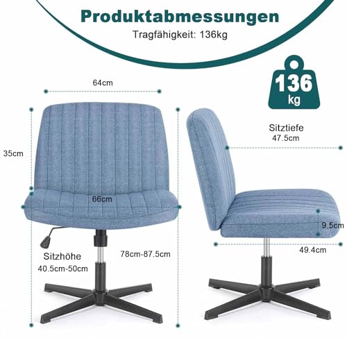 DUMOS Criss Cross Chair Legged Office Wide Comfy Desk Seat, No Wheels Armless Computer Task Seating, Swivel Vanity Home Height Adjustable