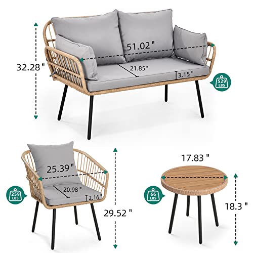 YITAHOME 3-Piece Outdoor Wicker Patio Conversation Bistro Set, All-Weather Furniture Set with Table & Cushions, Outdoor Sectional Sofa for Balcony, Backyard, Deck, Beige