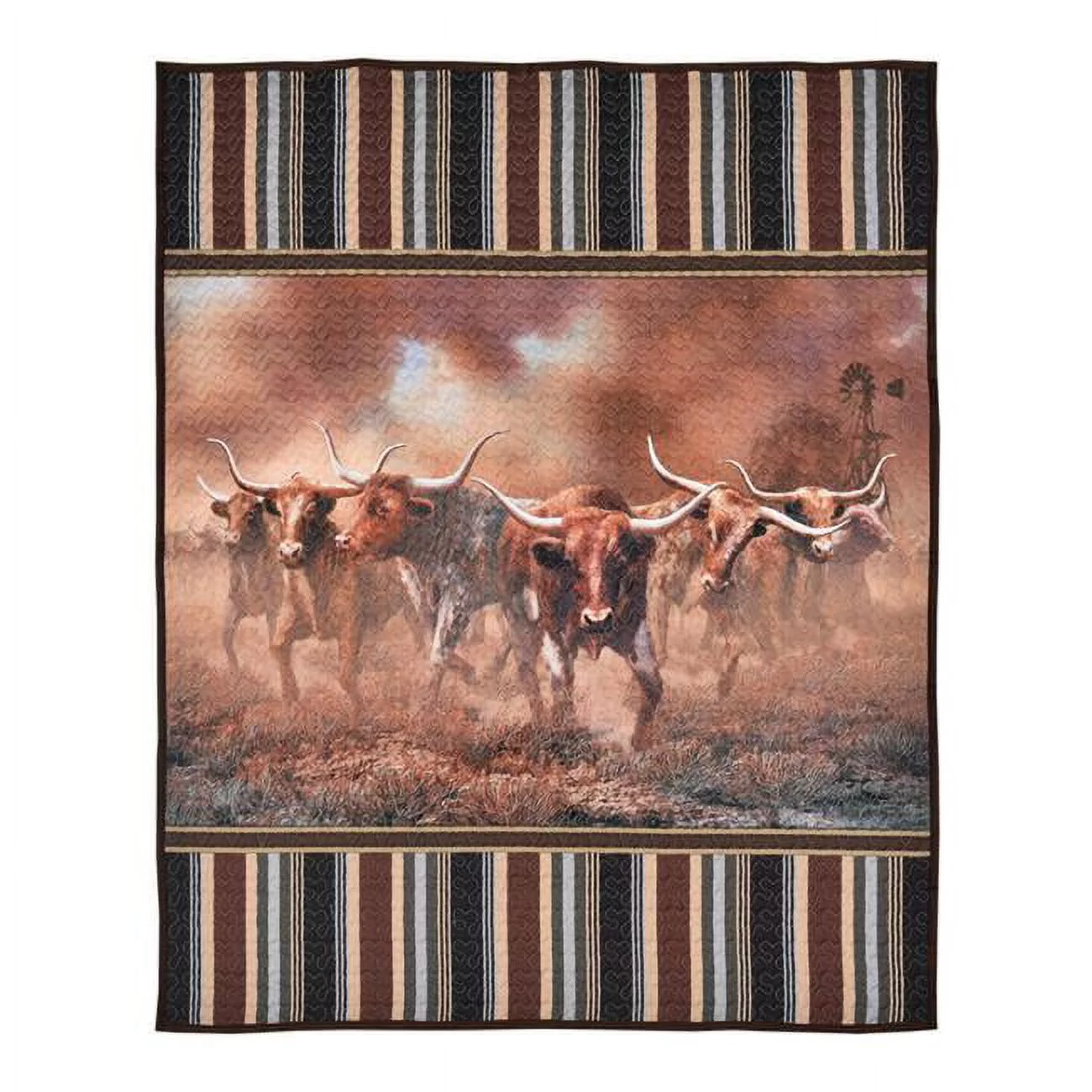De Leon Collections  60 x 50 in. Day of Horns Scenic Longhorn Cow Decorative Throw Quilt Blanket, White, Brown & Gray