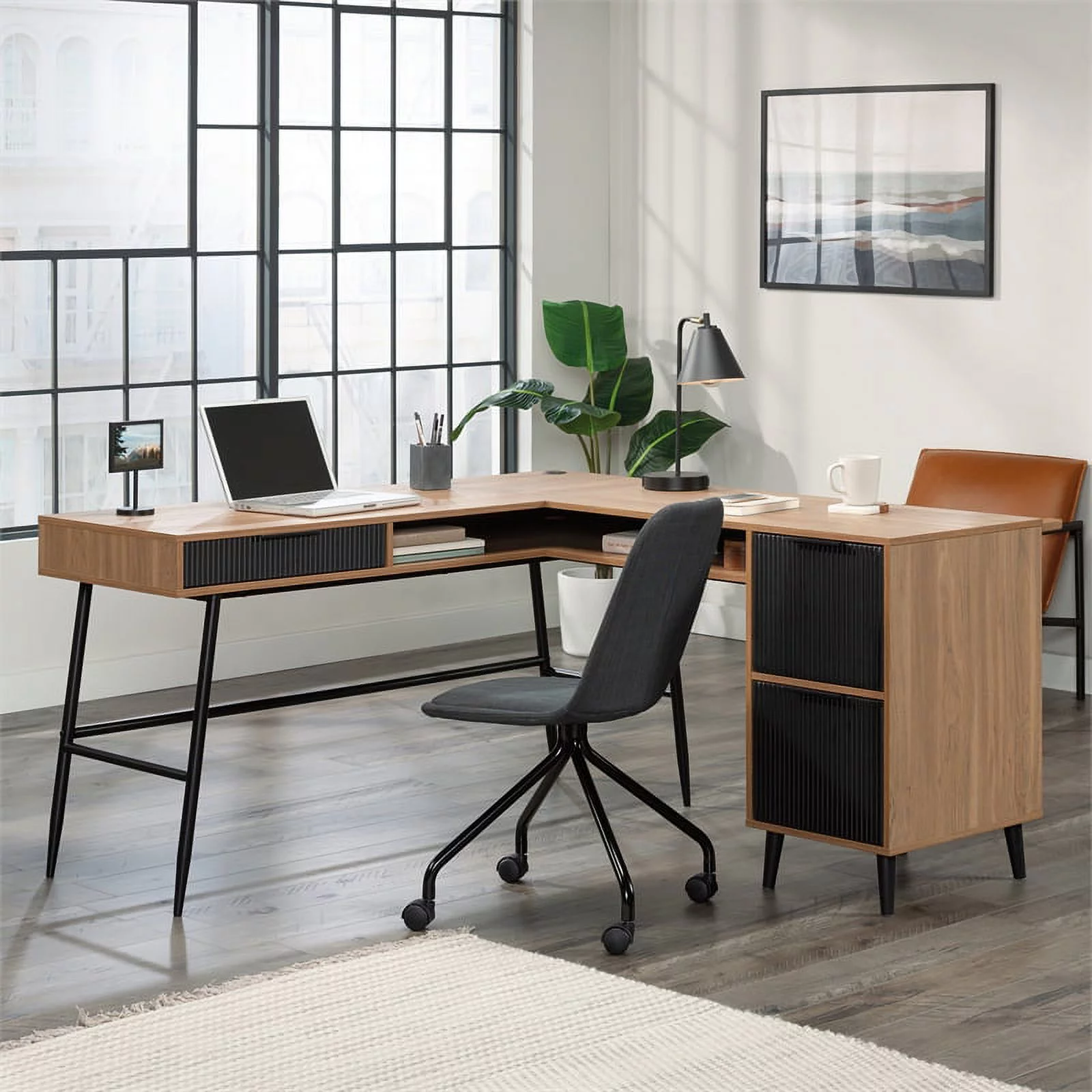 UrbanPro Modern Engineered Wood / Metal L-Desk in Serene Walnut