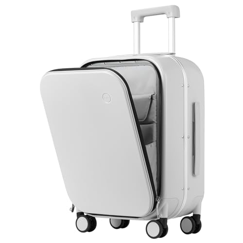 mixi Carry On Luggage, 20'' Suitcase with Front Laptop Pocket, Travel Rolling Luggage Aluminum Frame PC Hardside with Spinner Wheels & TSA Lock and Cover - Smoke White