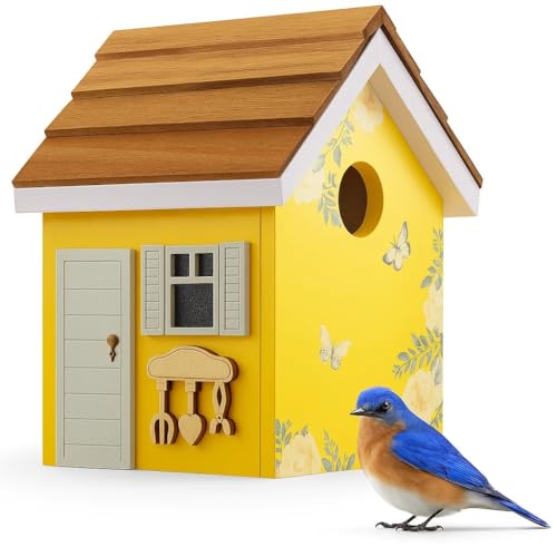 Spring Melody Bluebird House, Composite Material Nesting Box, Hanging Birdhouse for Blue Bird,Sparrow, Chickadee, Birdhouse for Outside, 5 Years Weatherable Bird Box on Post for Pole (Garden Cottage)