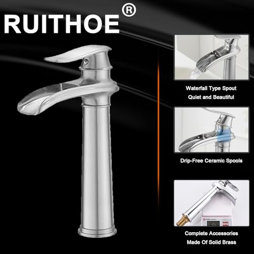 Bathroom Vessel Sink Faucet, Waterfall Oil Rubbed Bronze Bathroom Faucet, Vessel Faucet, Tall Body 1 Hole Single Handle with Pop Up Drain Combo Vanity Mixer Tap Basin Bowl Sink