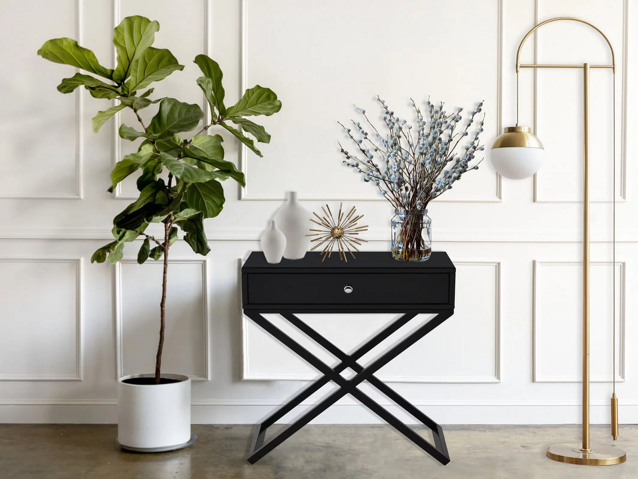 Modern Wooden Nightstand with Drawer,Side End Table with Glass Top and Metal X-Base Legs,Black