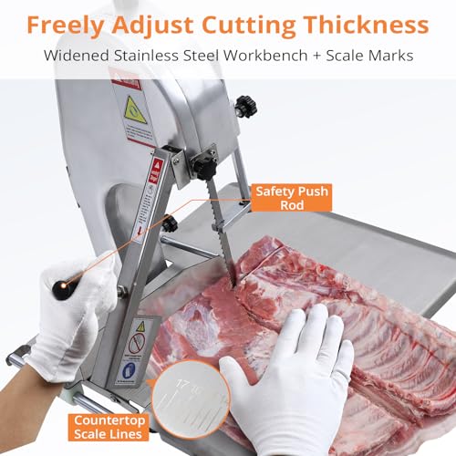 Electric Bone Saw Machine, 750W Meat Saw for Butchering, 0.39～6.7 Inches Cutting Thickness with 6 Saw Blades, Meat Bandsaw Butchering with Workbench Width of 19.68 x 17.32 Inches